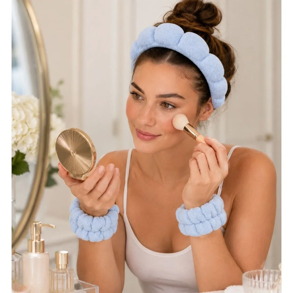 Blue Puffy Spa Headband & Wrist Wash Band Set Terry Cloth Skincare Makeup NEW